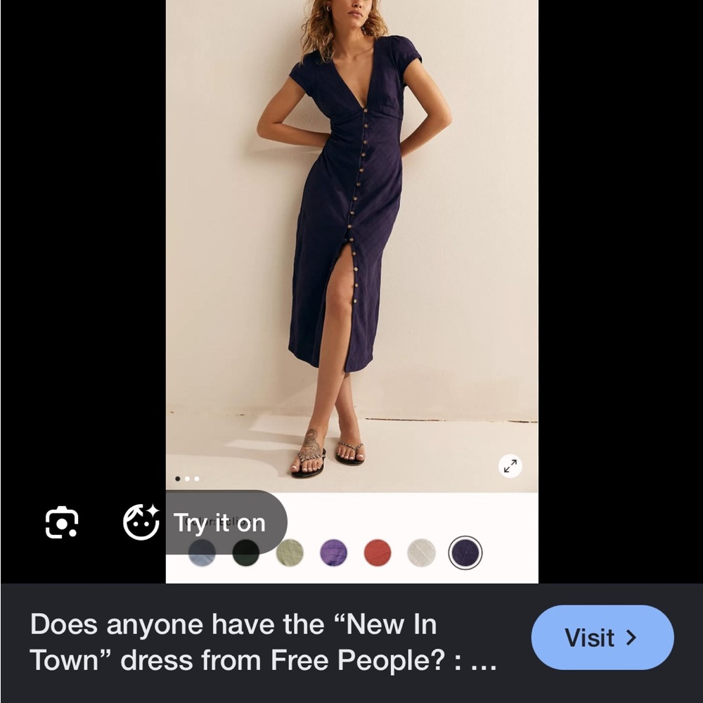 Free People Navy Deep V Button-Front Midi Dress